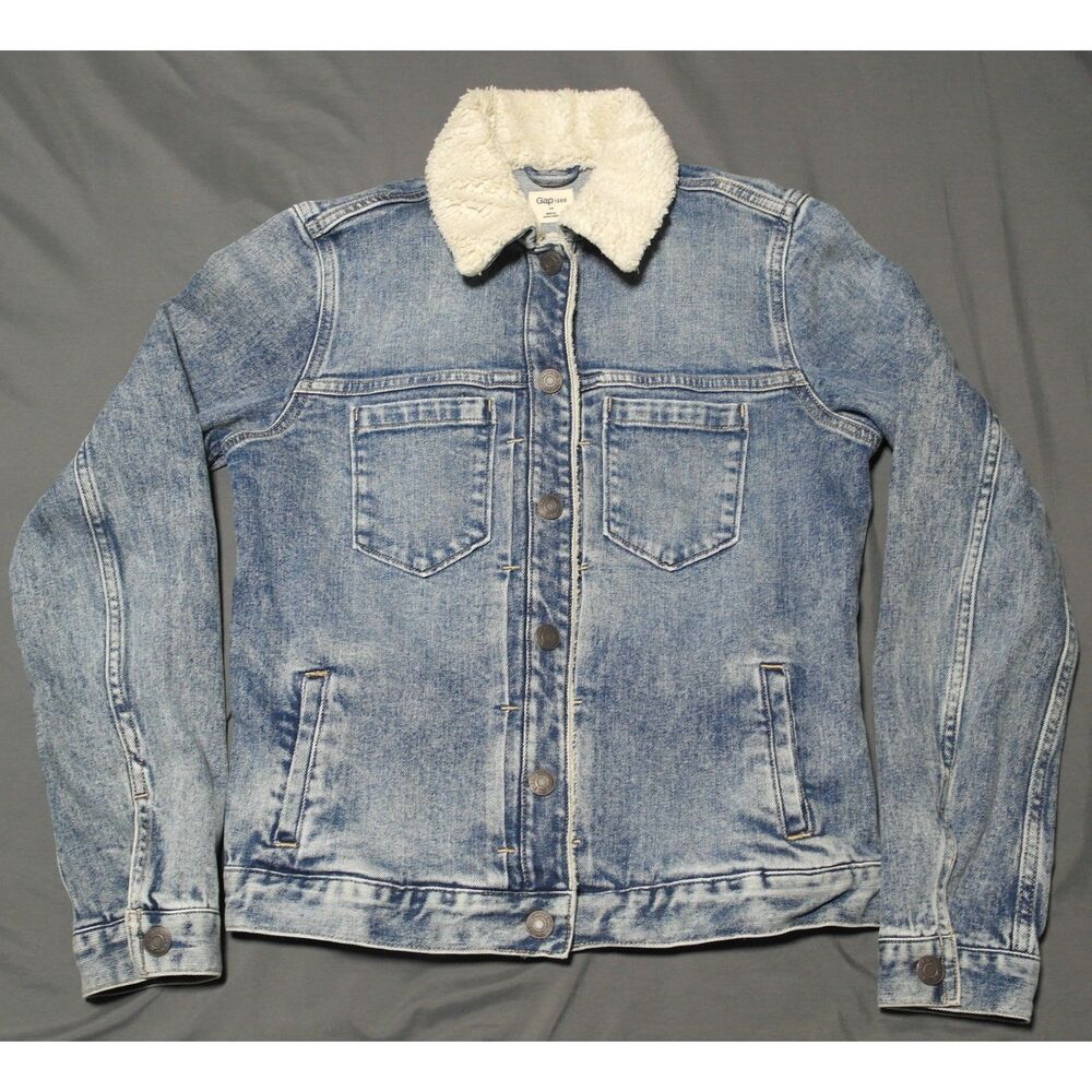 Gap Women Size XS Jean Jacket Sherpa Pleat Light Indigo 1969 Denim Blue